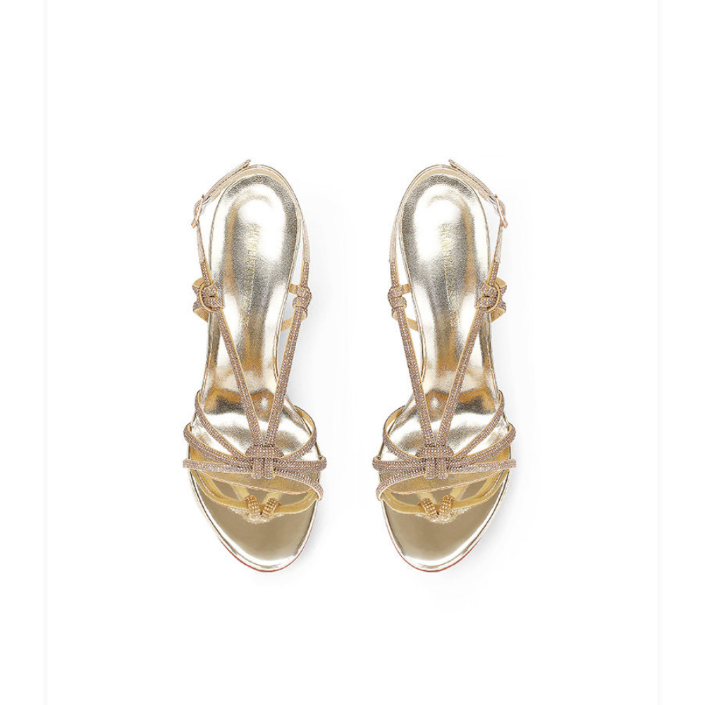 Sandal Strappy Heeled - Women Summer New Light Gold Rhinestone